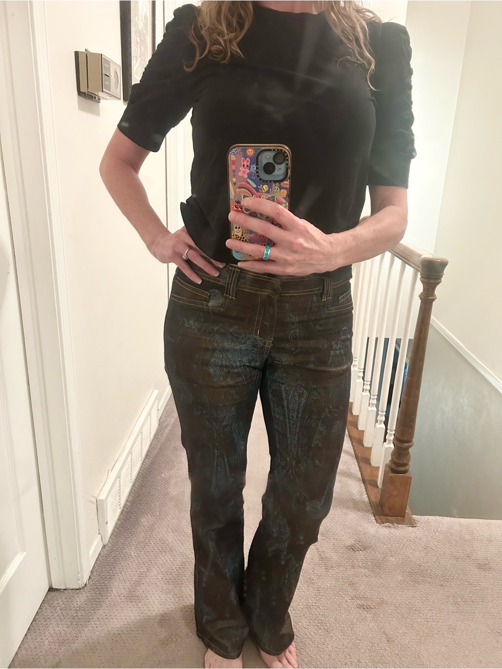 Cache 90s Y2K stretchy gold foil paisley denim jeans Size 8/10